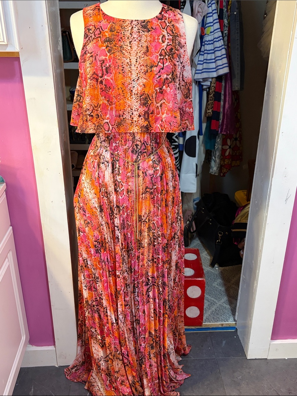 Calvin Klein Pink & Orange Snake-Print Maxi Dress